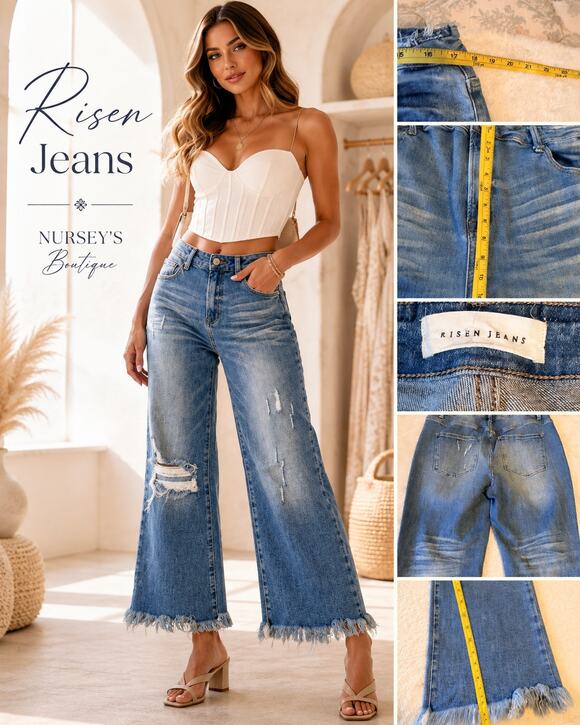 Risen Jeans Denim - Risen Jeans Distressed Wide Leg Raw Fringe Hem Denim 34 Waist